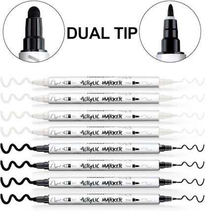 TRANSON 4 Black and 4 White Paint Markers Bold and Fine Dual-tip Acrylic Paint - Image 4