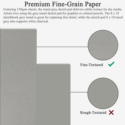 Fuxi Toned Gray Sketchbook 8x10, 60 Sheets Acid-Free Drawing Paper, Spiral - Image 3