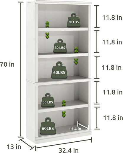Bevfint 70-Inch Tall White Bookcase, 5 Tiers Shelves Open Storage Bookshelf - Image 3