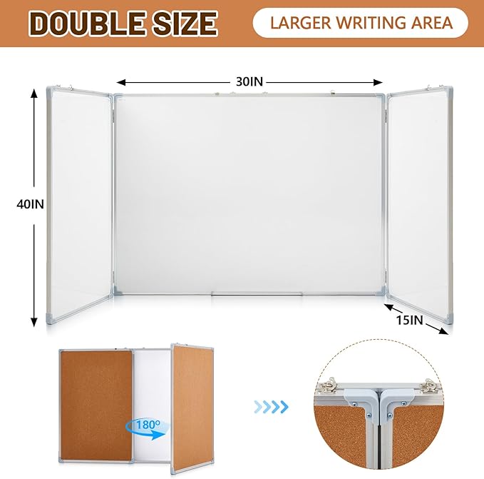 Mooliwe 60"x40" Tri-fold Cork Board Whiteboard Combo, Foldable Combination - Image 2