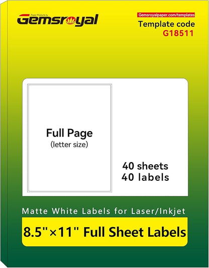 Gemsroyal 8.5"×11" Full Sheet Shipping Labels Printable, 8.5×11 inch White by Gemsroyal