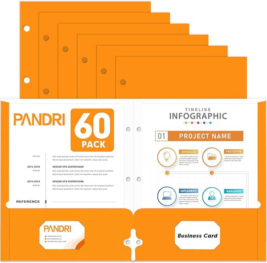 Two Pocket Portfolio Folders, PANDRI 60 Pack 3 Hole Punched 2 Pocket Folders by PANDRI