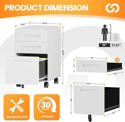AFAIF 3 Drawer File Cabinet, Fully Assembled Mobile File Cabinets - Image 3