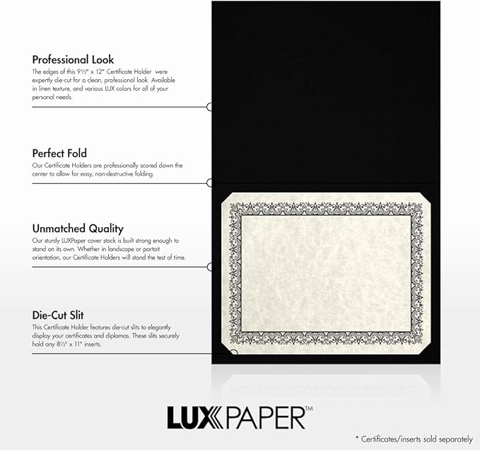 LUXPaper 9.5" x 12" Certificate Holders | Black Linen | Embossed Silver Foil - Image 2