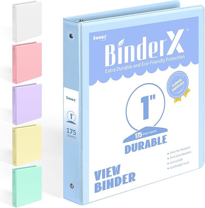 BinderX Extra Durable 3 Ring Binder, Round Ring 1 Inch Binders, Fits 175 Sheets by Sooez
