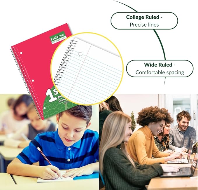 ECONAMA Subject Book Spiral Notebook Pack of 6 Wide Ruled 140 Pages 8" × 10.5" - Image 3