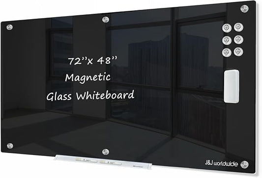 J&J worldwide Glass Whiteboard 6' x 4', Magnetic Black Glass Dry Erase Board by JJworldwide