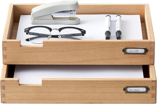 KIRIGEN Wood Desk Organizer Set of 2 Stackable Paper Tray Desktop Document by KIRIGEN