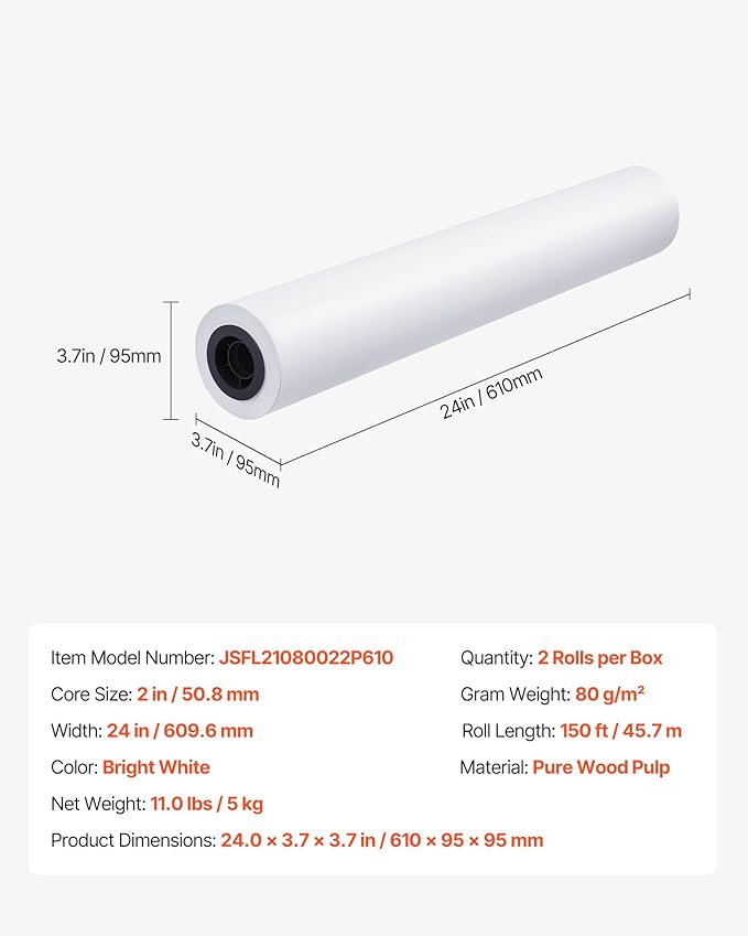 VEVOR Wide Format Paper, 24 in x 150 ft Plotter Roll, 2 Rolls CAD Bond Rolls - Image 7