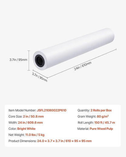 VEVOR Wide Format Paper, 24 in x 150 ft Plotter Roll, 2 Rolls CAD Bond Rolls - Image 7
