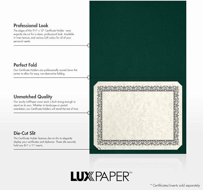 LUXPaper 9.5" x 12" Certificate Holders | Green Linen | 100lb. Cover | 25 Qty - Image 2