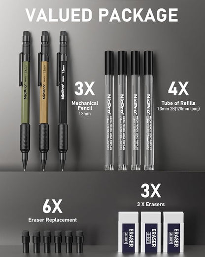 Nicpro 3 PCS 1.3 mm Mechanical Pencil Set 3 Colors - Image 6