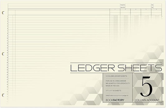BookFactory Ledger Sheets/Large 5 Column Accounting Ledger Columnar Loose Leaf by BookFactory
