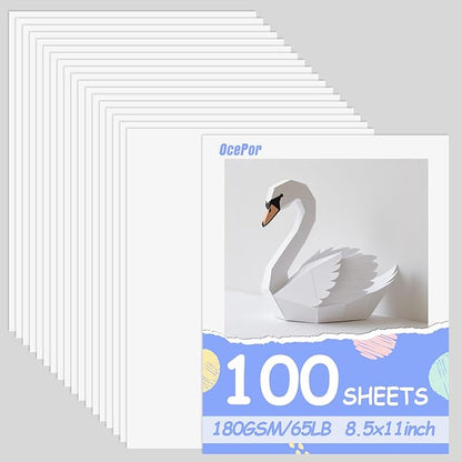 OcePor 100 Sheets White Cardstock 8.5” x 11”, 65lb/180gsm White Card Stock by OcePor