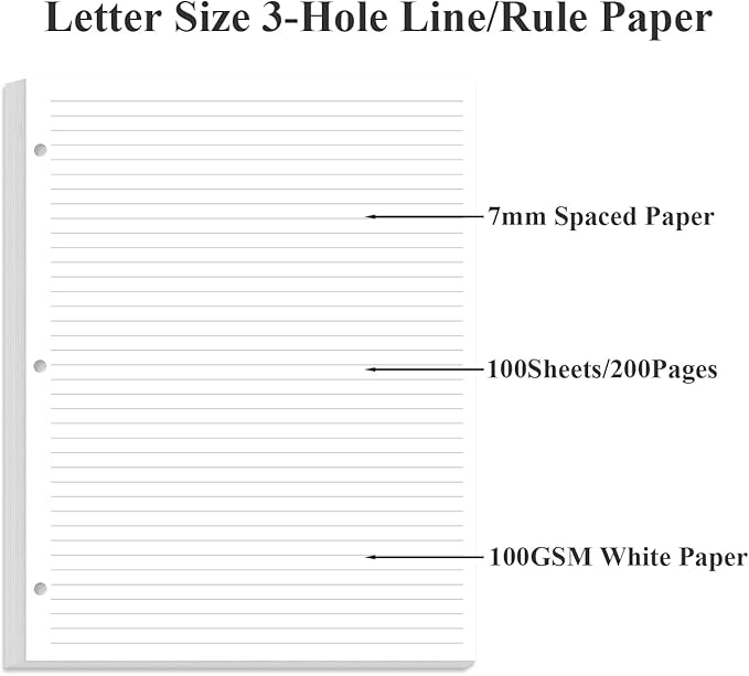 3-Hole Lined Refill Paper, Letter Size Punched Ruled Filler, 100 Sheets / 200 - Image 4