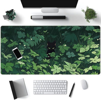 Black Cat Anime Desk Gaming Mat, XL Green & Large, 31.5x15.8in, by Mechanical+Cattle