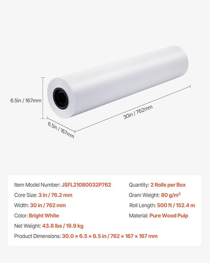 VEVOR Wide Format Paper, 30 in x 500 ft Plotter Roll, 2 Rolls CAD Bond Rolls - Image 7