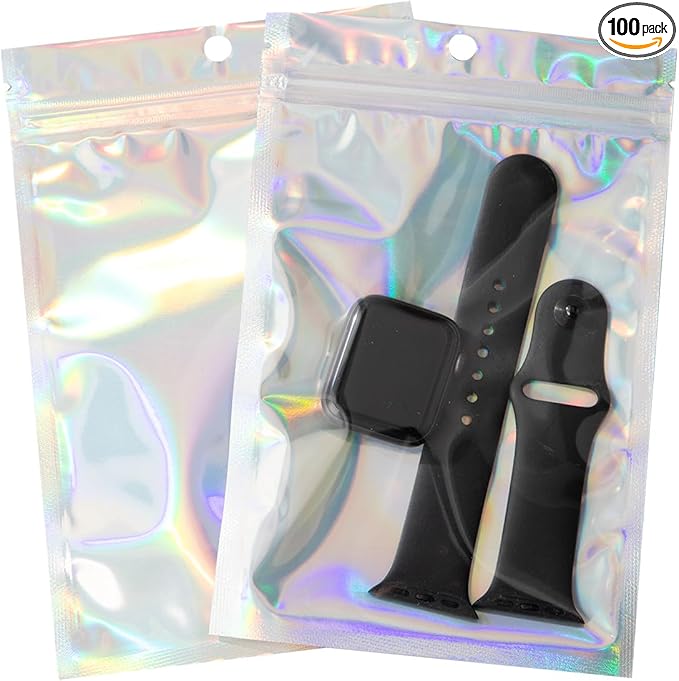 100Pcs Holographic Packaging Bags, 4.7x7 inch Resealable Foil Pouch Mylar by Motomy