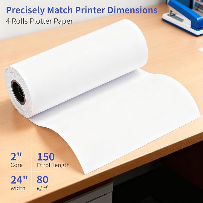 Wide Format Paper 24 In x 150 Ft, 4 RollsPlotter Paper on 2" Core, CAD Bond - Image 2