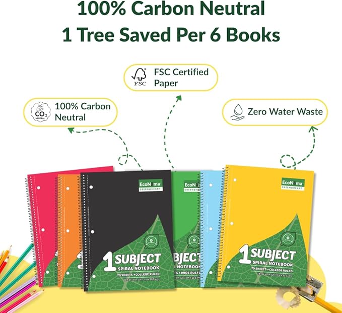 ECONAMA Subject Book Spiral Notebook Pack of 6 Wide Ruled 140 Pages 8" × 10.5" - Image 4