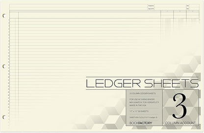 BookFactory Ledger Sheets/Large 3 Column Accounting Ledger Columnar Loose Leaf by BookFactory