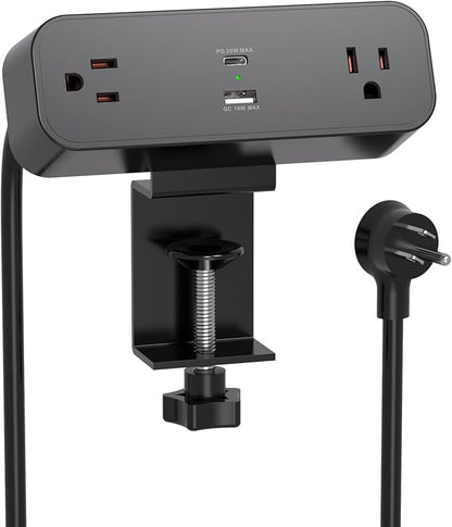 Desk Clamp Power Strip 10ft Flat Plug Extension Cord by Mifaso