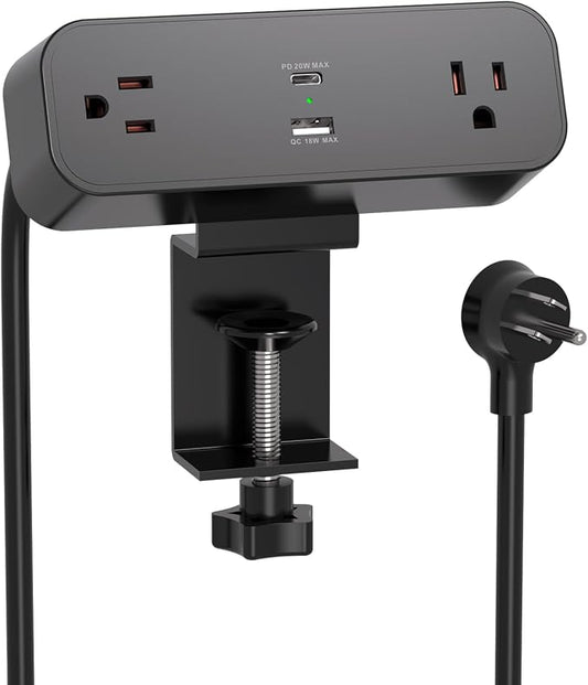 Desk Clamp Power Strip 10ft Flat Plug Extension Cord by Mifaso