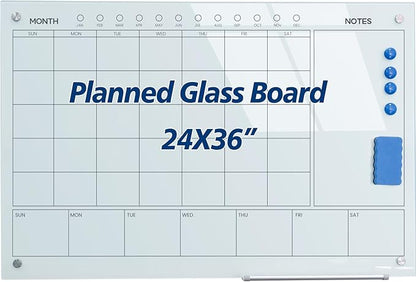 JYYPWB Magnetic Glass Whiteboard 36X24 Monthly Planner Calendar Dry Erase Board by JYYPWB