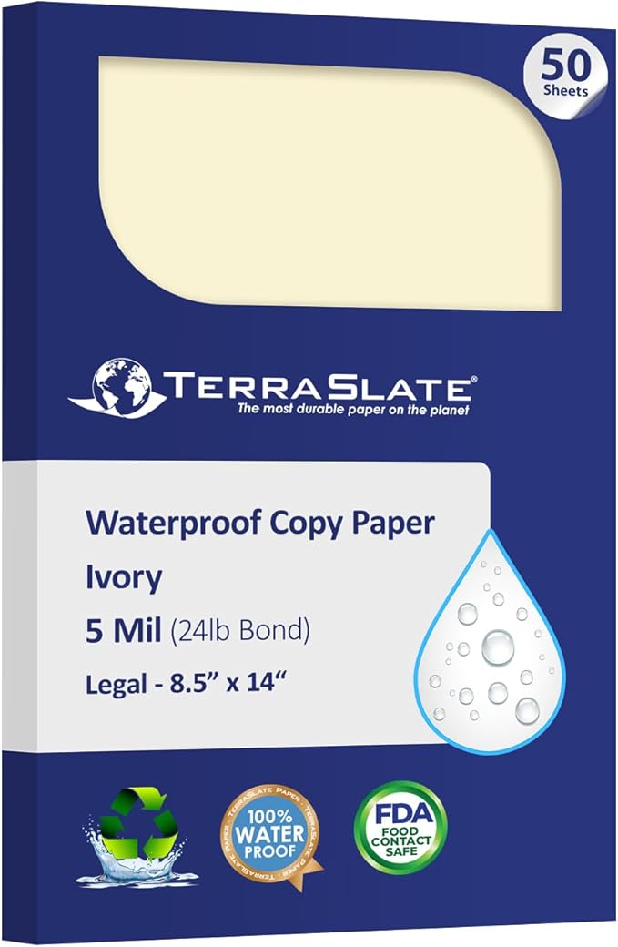 TerraSlate Waterproof Paper, Rip-Proof Colored Paper, 50 Sheets, 5 Mil by TerraSlate