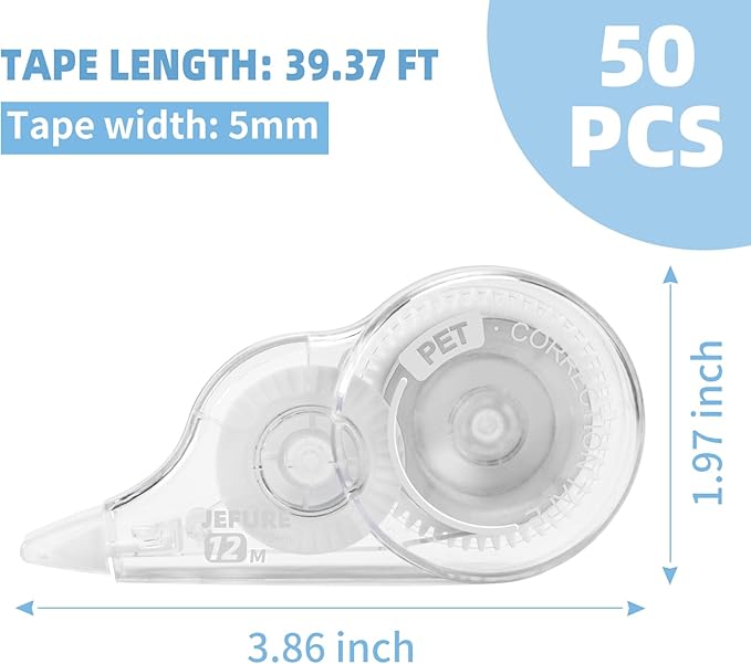 JEFURE 50 Pcs Correction Tape, 39.4 Ft White Wrong Out Tear-Resistant Bulk - Image 2