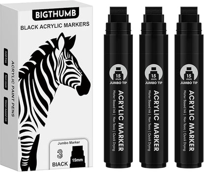 BIGTHUMB 3 Pcs Black Jumbo Permanent Markers: 15mm Wide Tip Thick Acrylic Paint by BIGTHUMB