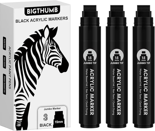 BIGTHUMB 3 Pcs Black Jumbo Permanent Markers: 15mm Wide Tip Thick Acrylic Paint by BIGTHUMB