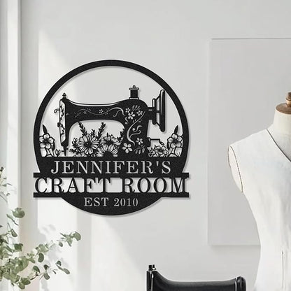 Custom Name Sewing Room Sign, Personalized Flowers Sewing Machine Metal Wall - Image 2