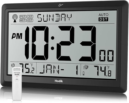 Wall Clock Atomic with Indoor Outdoor Temperature Battery Powered, Easy Reading by Hodik