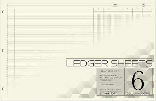 BookFactory Ledger Sheets/Large 6 Column Accounting Ledger Columnar Loose Leaf by BookFactory