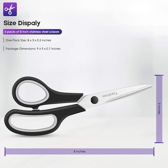 Scissors for Office, Taotree 8" Scissors All Purpose Bulk of 5-Pack, Middle - Image 5