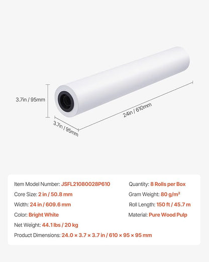 VEVOR Wide Format Paper, 24 in x 150 ft Plotter Roll, 8 Rolls CAD Bond Rolls - Image 7