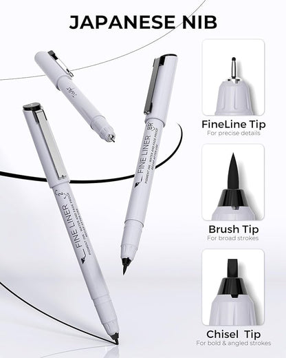 JusArt Fineliner Pens, Ultra Fine, Brush & Chisel, 12 Size, Waterproof Black - Image 3