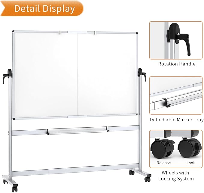 VIZ-PRO Double-Sided Mobile Whiteboard, 72 x 40 Inches, Magnetic Rolling Dry - Image 4
