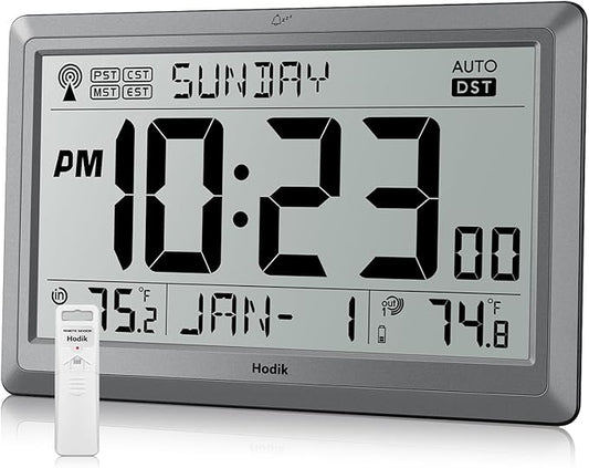Wall Clock Atomic with Indoor Outdoor Temperature Battery Powered, Easy Reading by Hodik