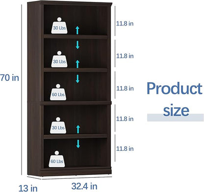 blini 5-Shelf Tall Bookcase Wooden Bookshelves 33in Wide Floor Standing Display - Image 2