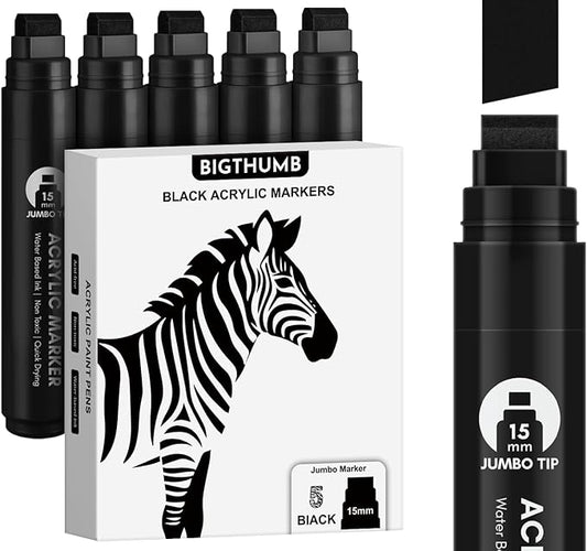 BIGTHUMB Black Poster Markers Jumbo: 5 Pcs 15mm Wide Tip Thick Acrylic Paint by BIGTHUMB