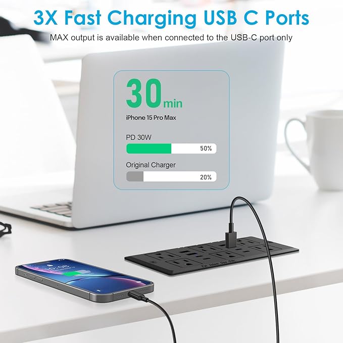 Recessed Power Strip, 30W PD USB-C & USB-A Fast Charging, Drawer Outlet Plug in - Image 4