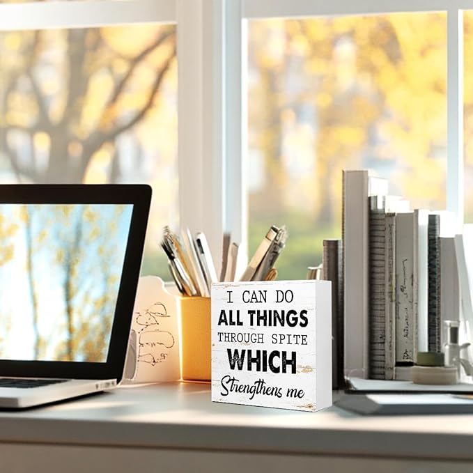 WUZYOU I Can Do All Things Through Desk Sign Wood Block Decor, Inspirational - Image 5