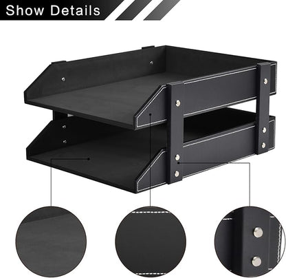 Leather Desk Organizer, 2-Tier Stackable Letter Tray Holder, Office Supplies - Image 2