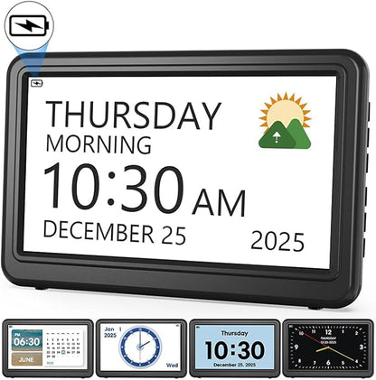 Clock with Day and Date for Elderly Battery Operated, Rechargeable Digital by Roxicosly