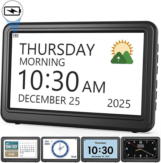 Clock with Day and Date for Elderly Battery Operated, Rechargeable Digital by Roxicosly
