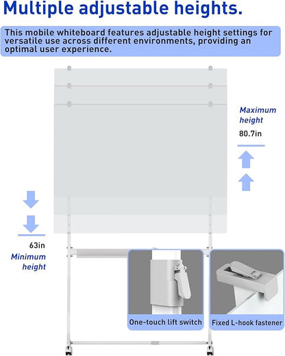 Mobile Glass Whiteboard, 48 x 36 inch Glass Board/w Height Adjustable, Large - Image 4