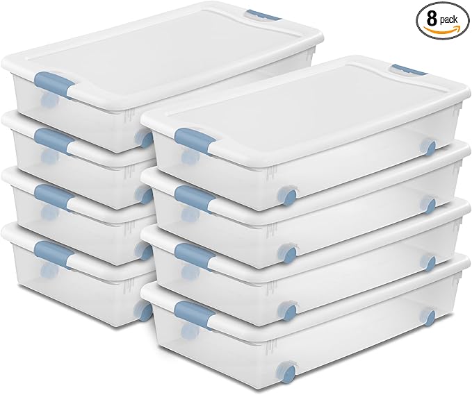 Sterilite 8-Pack Latching Box, Under Bed Storage Bins by Sterilite