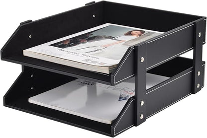 Leather Desk Organizer, 2-Tier Stackable Letter Tray Holder, Office Supplies by XNONE